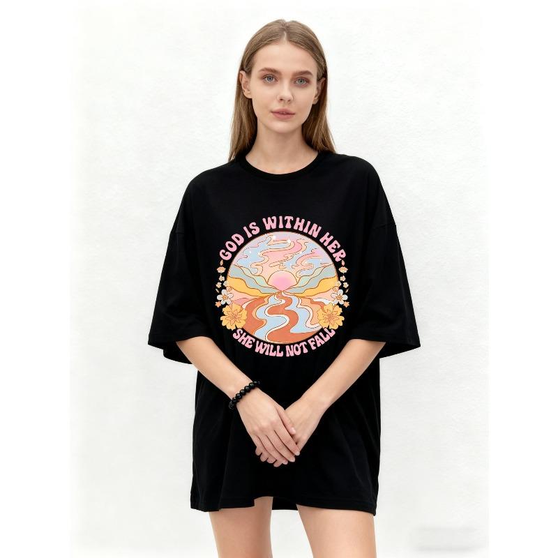 Oversized T-Shirt Black God Is Within Her She Will Not Fall Psychedelic Art Print Graphic Tee Women Casual Streetwear Fashion Top