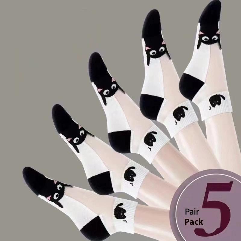 5Pairs/Lot Summer Socks Black And White Cat Glass Silk Breathable Female Socks Simple Short Socks