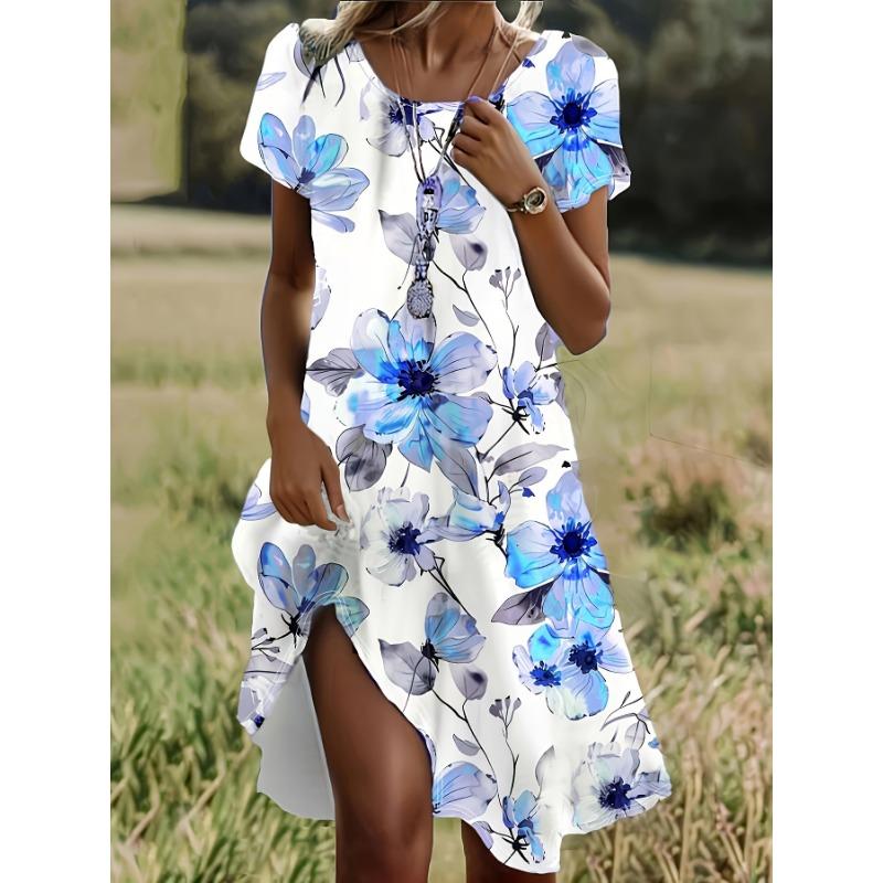 Summer European And American Cross-Border Floral Print Short-Sleeve Round-Neck Dress for Women S