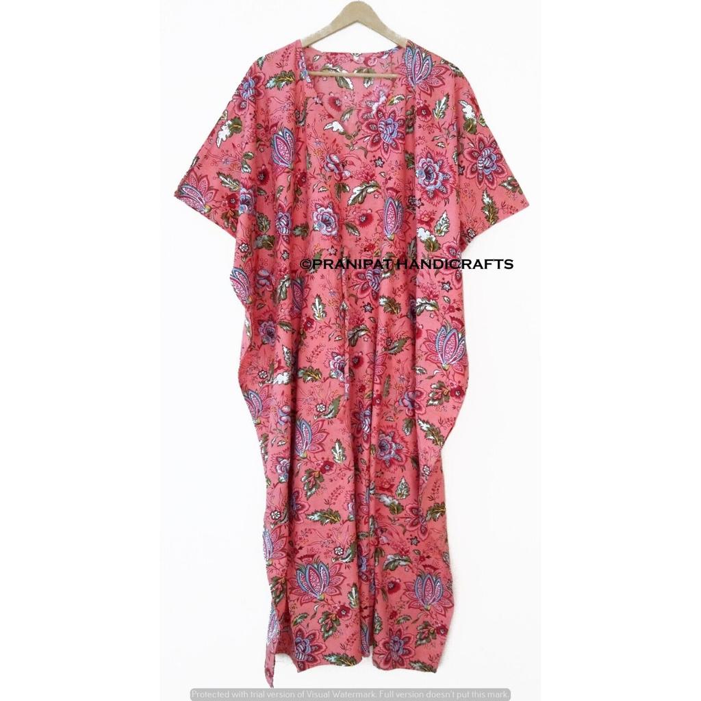 Damen Sommer Baumwolle Nachtwäsche Blumendruck Pfirsich Langes Maxi Ethnisches Kaftan Kleid CKFTN-SCRN-FULL-BUYIT-065