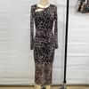Fashion Hollow Leopard Print Sexy Evening Dress Women Long Sleeve Slim Fit Casual Party Club Dresses Women Elegant Street High Waist Long Dress 25891