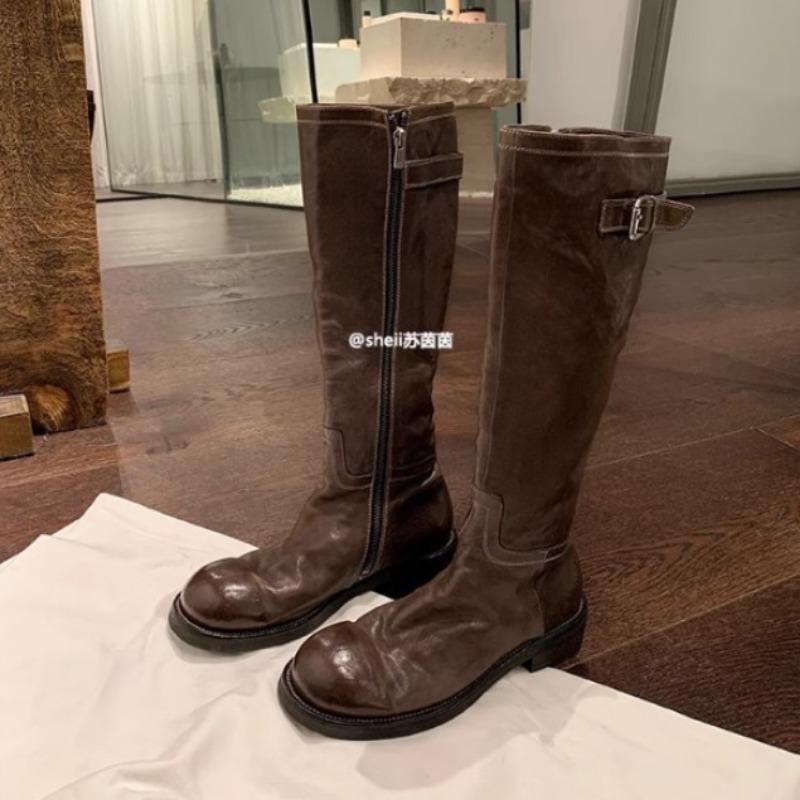 ! Shoes retro washed horse leather buckle with thick heel medium and high boots women's knight boots