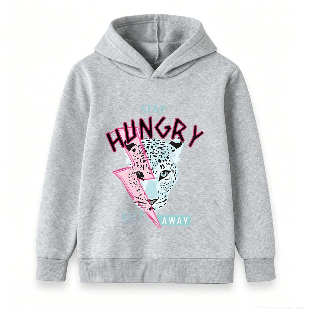 Kids Boys Girls Pullover Hoodie Cool Leopard Lightning Print Stay Hungry Long Sleeve Casual Sweatshirt for Children