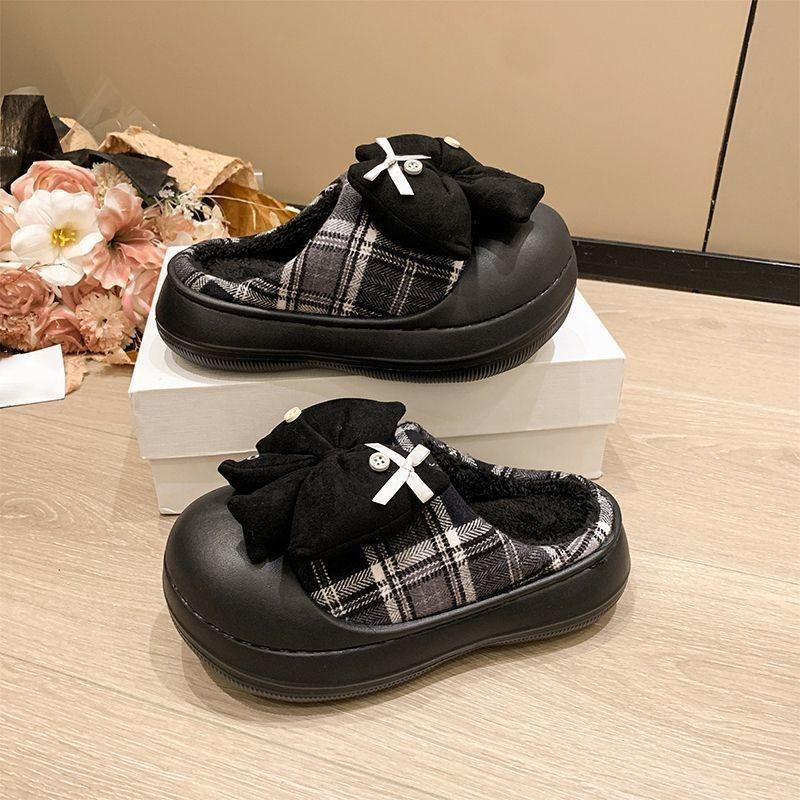 Fashion and Warm Outer Wear Comfortable Bag Head Slippers Women's Autumn and Winter New Bow Plush Cotton Slippers Women's