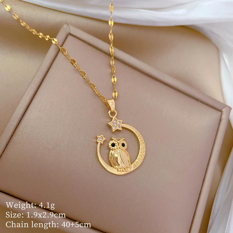 

Moon Owl Light Luxury Temperament Gorgeous Full Diamond Necklace Female Versatile Collarbone Chain Titanium Steel Chain