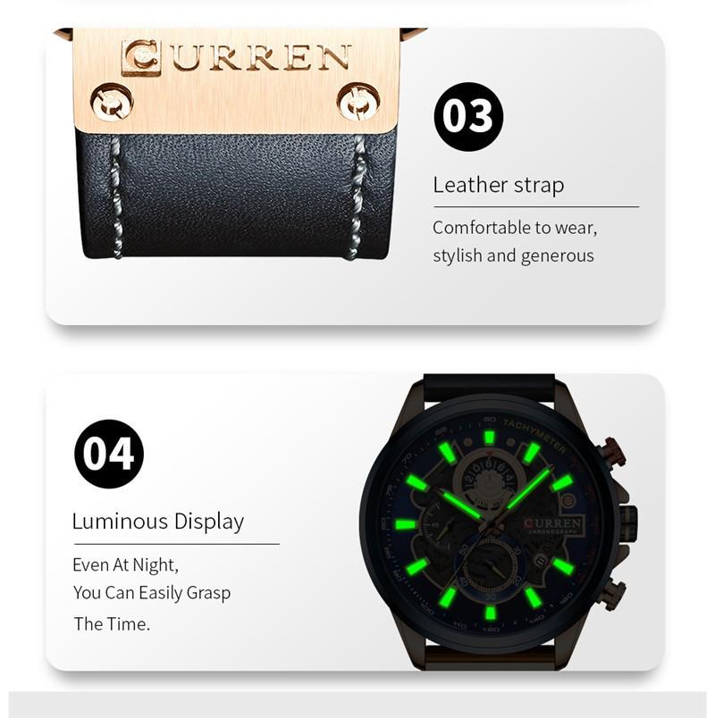 Curren 8380 Men's Waterproof Multifunction Sports Quartz Watch with Leather Strap and Calendar.