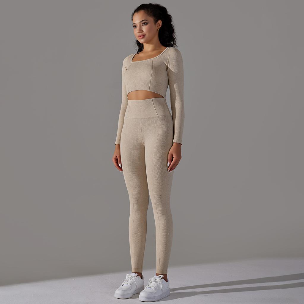 Seamless Knitted Long Sleeved Sports And Fitness Pants, Quick Drying Jacquard Breathable Hip Lifting Running Yoga Suit Set