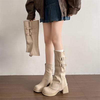 Beige Retro Detachable Boots Thick Heel Martin Boots Women's 2025 New Spring and Autumn Height-increasing and Thin Knight Boots