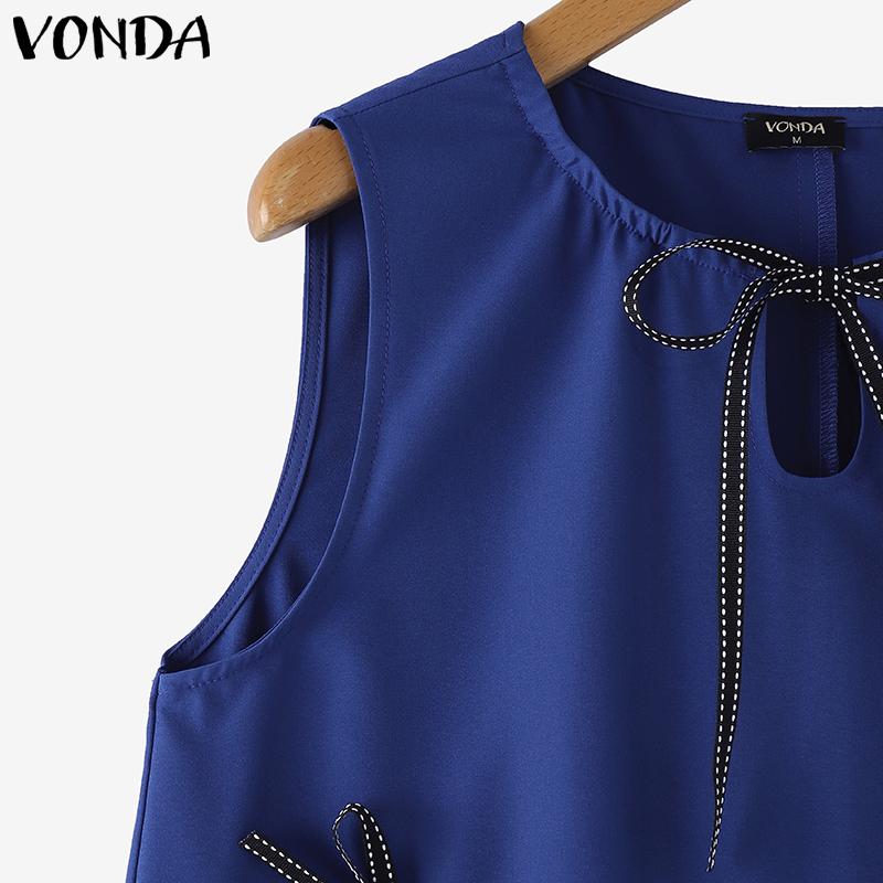VONDA Summer Women Sleeveless Ruffled Bow Knot Casual Pleated Dress