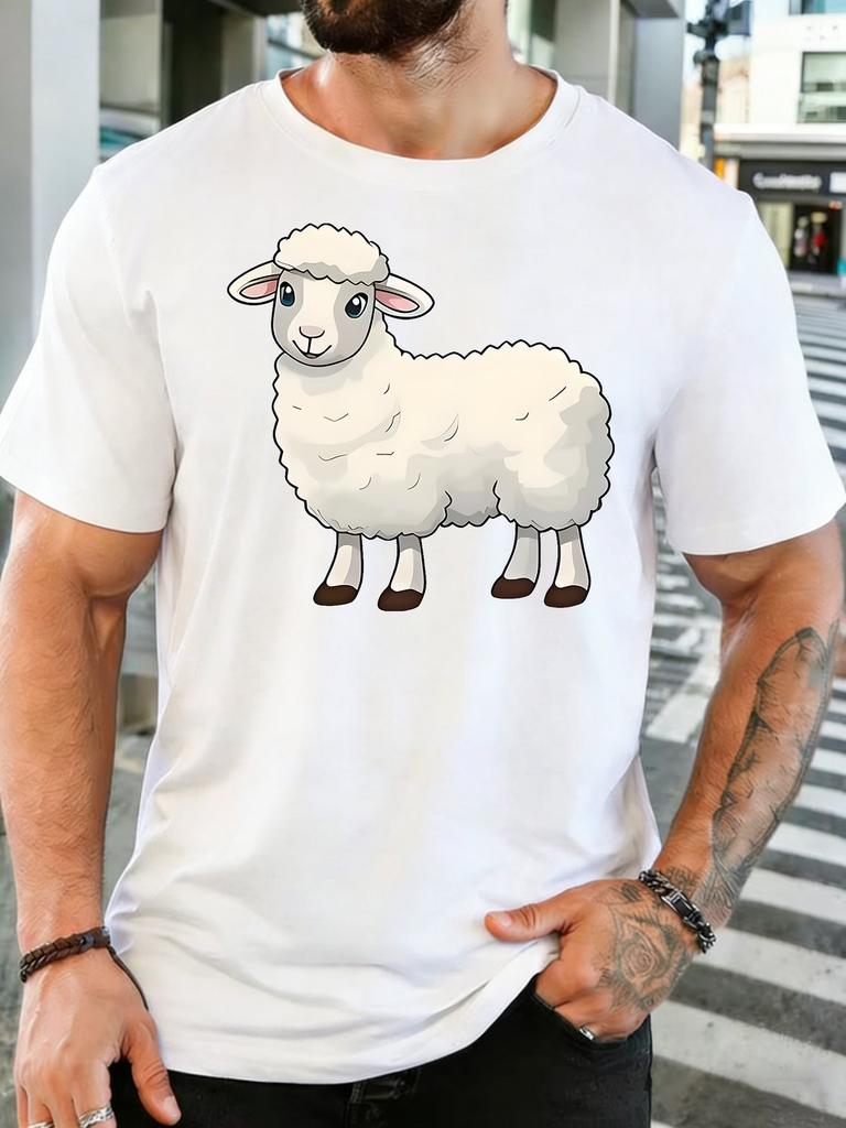 Unisexs Red Crew Neck Tee Lovely Fluffy White Lamb Cartoon Print Loose Summer Street Casual Daily Basic Short Sleeve Daily Wear Top