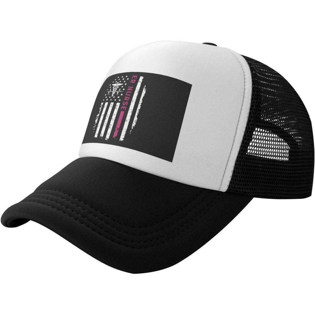 ER Nurse American Flag Trucker Hat Breathable Mesh Snapback Cap Unisex Outdoor Sports