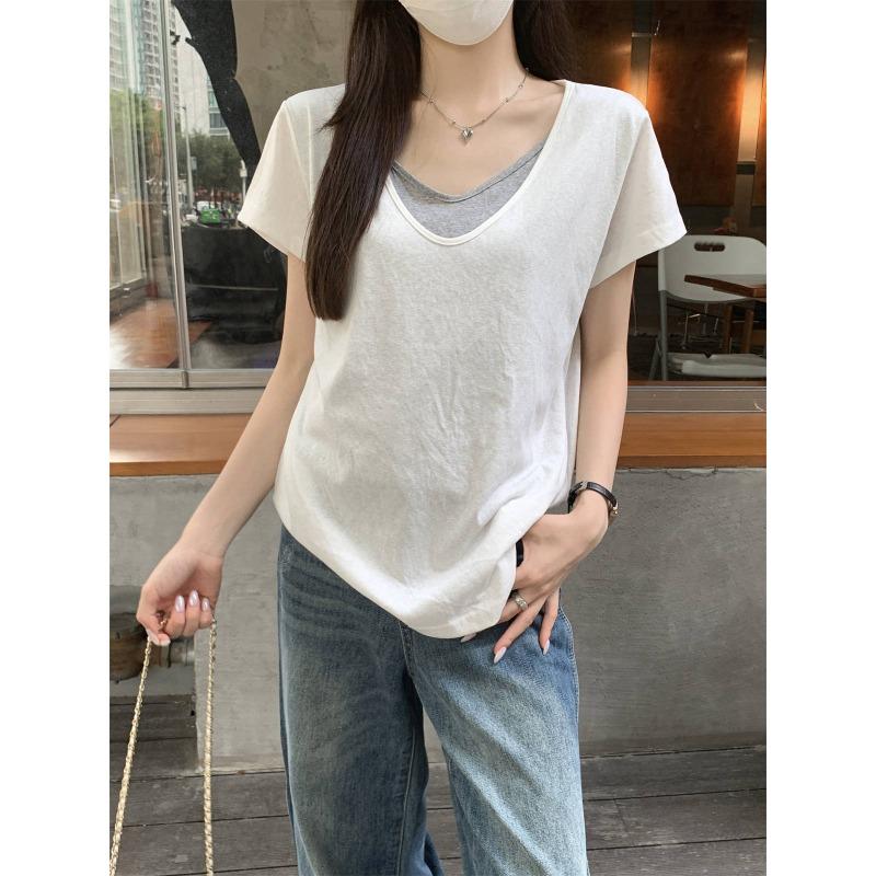 Women Fake Two Piece V Neck Color Block Loose Casual Short Sleeve T Shirt