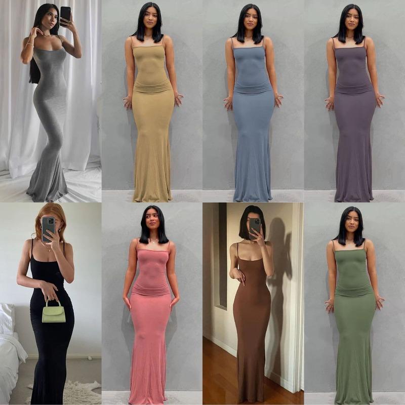 European and American ins Kardashian skims solid color slim Thai babes slim suspenders fishtail home casual dress