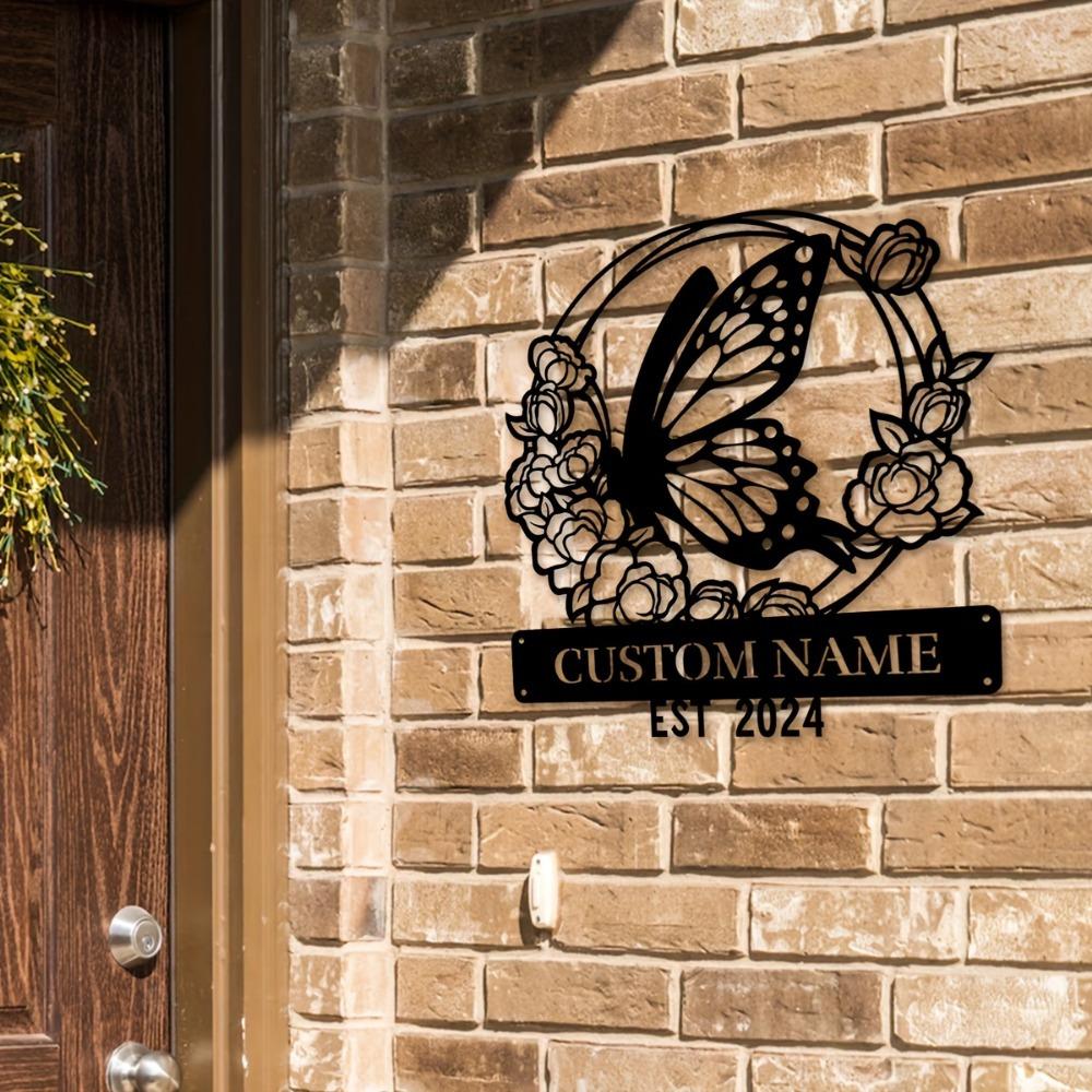 Custom Floral Butterfly Metal Wall Art, Personalized Sign, Rustic Home Decor for Lounge Office Veranda, Gift