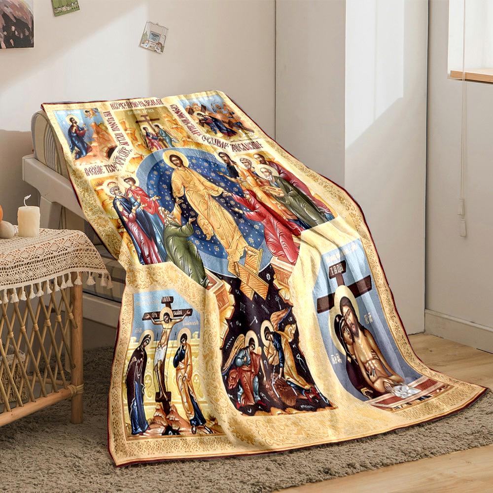 Icon of Jesus with Religious ScenesFlannel blanket for bedroom, living room, sofa, and nap