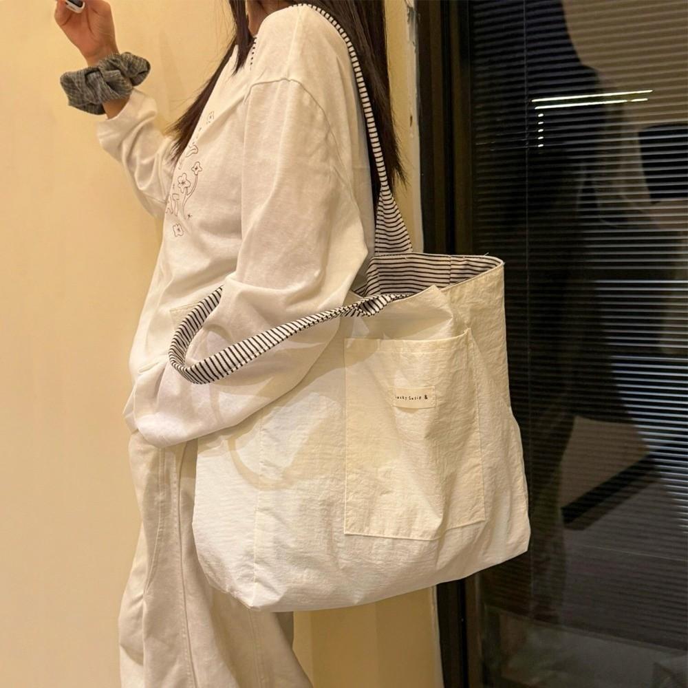 Large Capacity Canvas Shoulder Bag Striped Shopping Handbag Versatile Double-Sided Tote Bag  Travel