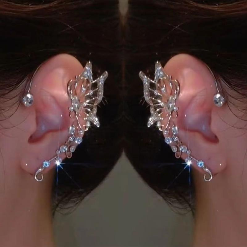 Korean Elf Butterfly Ear Cuff Without Piercing Clip Earrings for Women Elegant Sparkling Zircon Crystal Ear Clip Wedding Jewelry