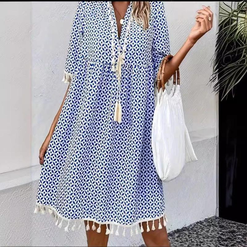 Abito da donna estivo nuovo stampato con scollo a V, frange e maniche a tre quarti
