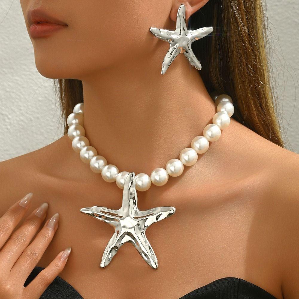 

Jewelry Starfish Beaded Necklace Bohemian Starfish String Pearls Chain Beach золотий
