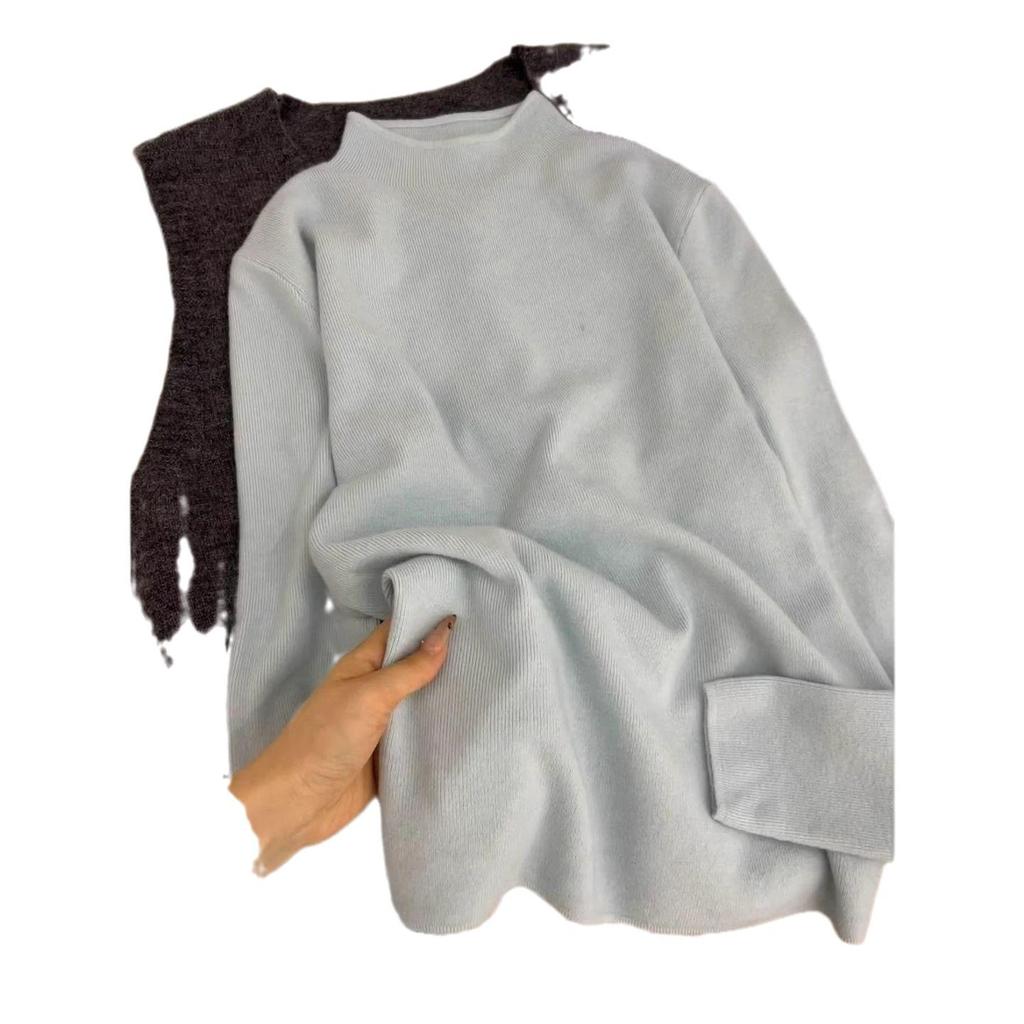 Fufu Korean Style Blue Slim-Fit Knitted Sweater, Semi-High Neck, Soft and Cozy Top for Autumn and Winter 2026.