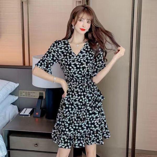 Women's A-line Floral Midi Dress - Summer V-Neck, Bell & Short Sleeves, Slim Waist