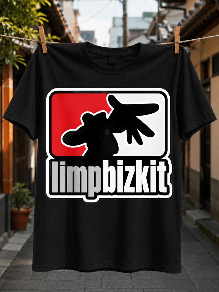 Limpbizkit Lettering with Bold Sticker Outline Red Hand Icon and Glossy Monochrome Street Style Unisex All TShirt