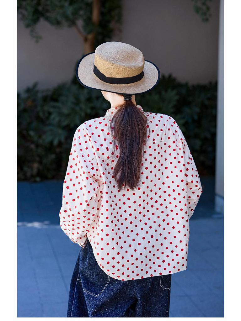 Spring Retro Beige & Red Polka Dot Cotton Casual Loose Shirt
