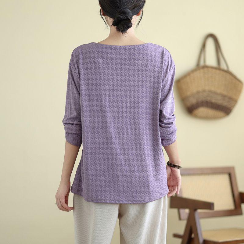 Autumn New Style V-neck Jacquard Women's Spliced Pullover Loose T-shirt Bottoming Long-sleeved Top