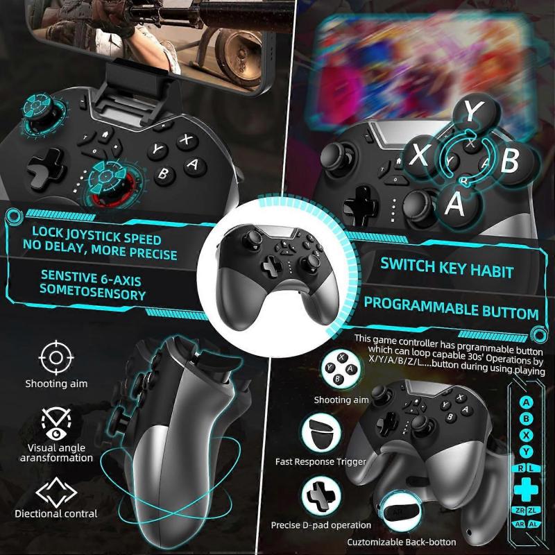 Bluetooth-Controller für Switch/PC/iPhone/Android/Apple Arcade MFi-Spiele/TV/Steam, Pro Wireless Game Controller(Schwarz mit Clip)