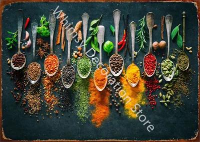 Kitchen Themed Wall Art Decor Colorful Spice and Spoon In Table Metal Tin Sign Food Cooking Ingredients Metal Art Print Decor
