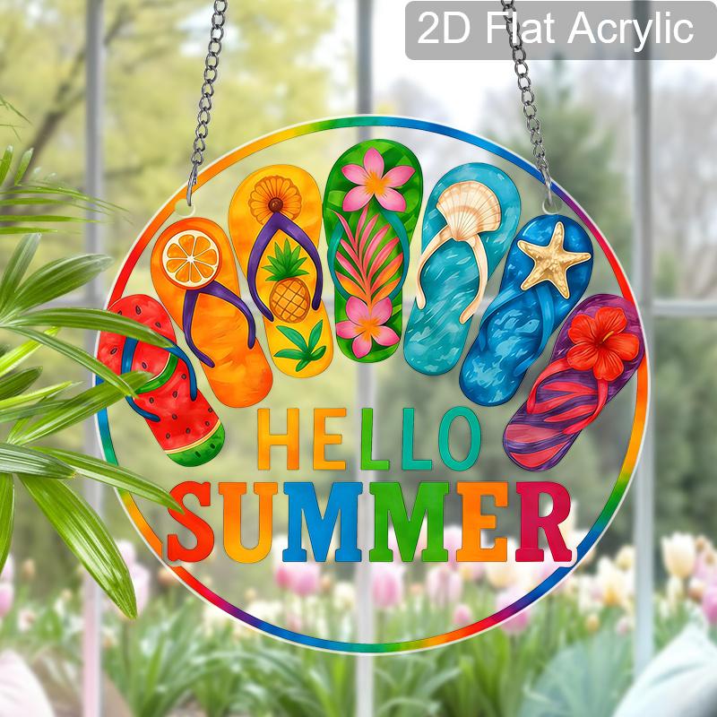 Acrylic Hello Summer Flip Flop Suncatcher Stained Glass Effect Window Hanging Ornament Summer Decor