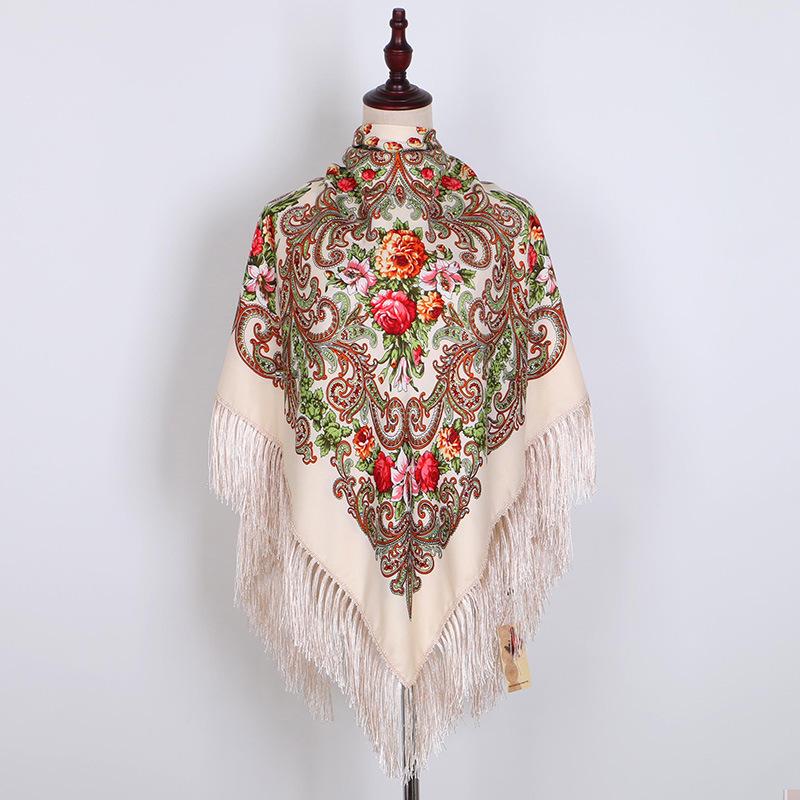 130*130cm Russian National Scarf Women Luxury Floral Bandana Fringed Ukrainian Shawl Big Size Handkerchief Babushka Head Wraps