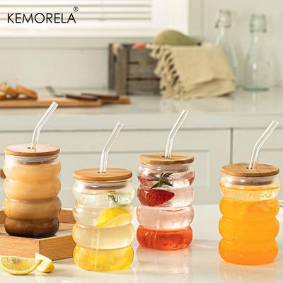 4 STÜCKE Kreatives Glas mit Deckel Stroh Hitzebeständiges Wellenglas Bier Saft Eiskaffee Tassen Cocktail Obst Bubble Glas Trinkgeschirr