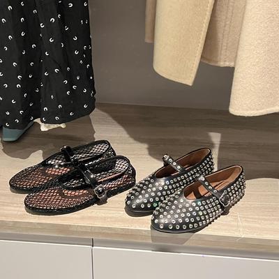 Pantofi Balerini Femeie Piele de Oaie Cap Rotund Plasă Cataramă Un cuvânt Pantofi Plati cu Strass complet Pantofi Mary Jane Single cu Decupaje Pantofi din Plasă de Pește