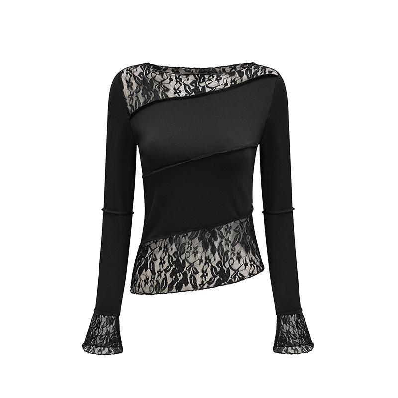 Women s Fashion Slim Fit Lace Patchwork Long Sleeve Top Large чёрный