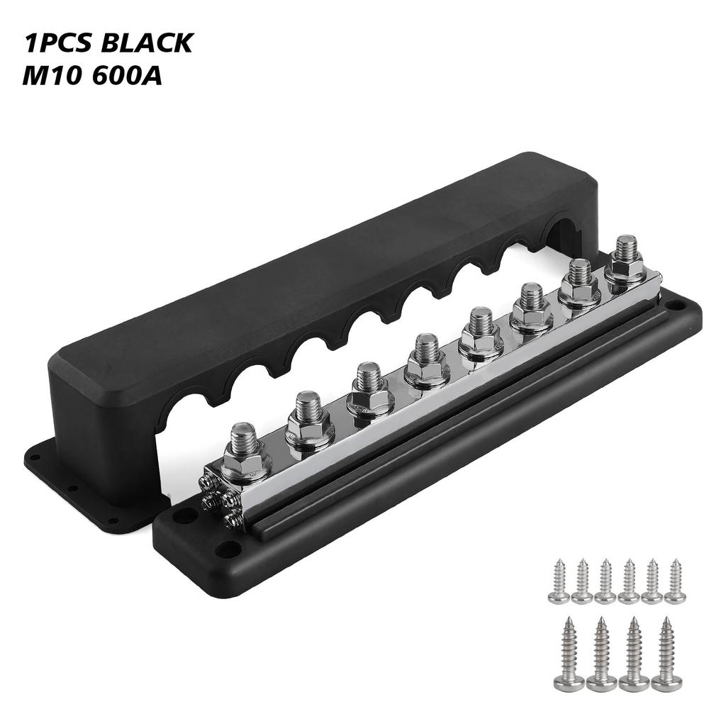 24V 600A M10 8 Post Power Distribution Block With Cover Rated Bus Bar Pair 3/8 Inches For Automotive RVs Trucks Boats Campers