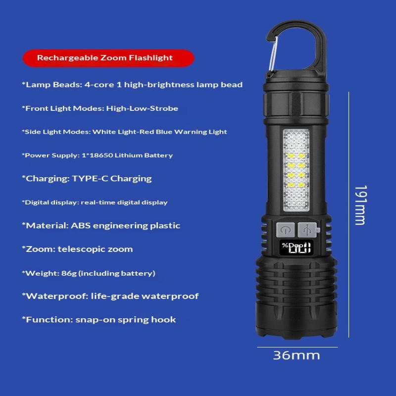Rechargeable Led Flashlight Super Bright Mini Work Light 3 Modes Waterproof Portable Cob Tactical Torch Zoomable Camping Lantern