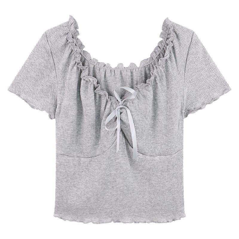 Pure Desire Style Niche Sexy Bow Lace Short-sleeved T-shirt New Slim and Thin Spice Girl Top Ins Women