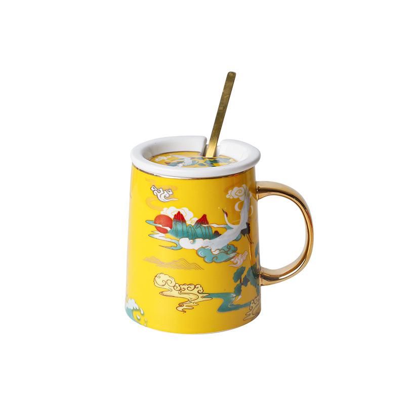 Creative National Tide Style Festive Mug With Spoon And Lid  Personality Ceramic Cup Chinese Style Couple Coffee Water Cup