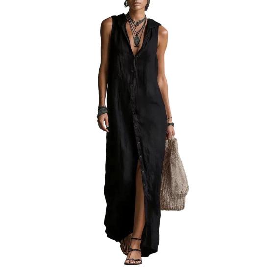 Women's Summer Cotton Linen Shirt Dress Sleeveless Button Down Hooded Maxi Dress Casual Tunic Beach Sundress