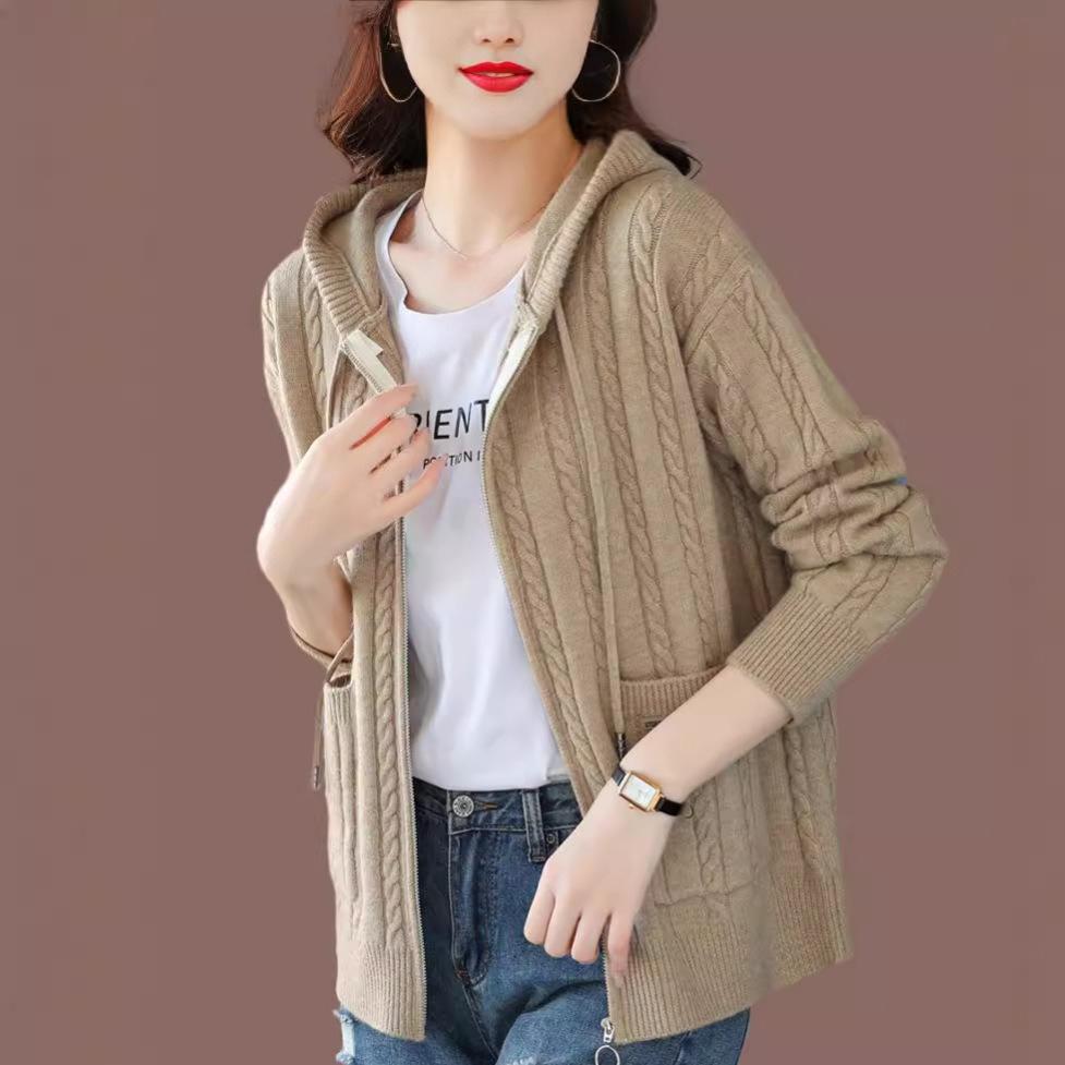 Hooded Knitted Jacket for Women Versatile for Autumn and Winter Loose Solid Color Sweater Jacket Autumn and Winter Sweater Cardigan for Women