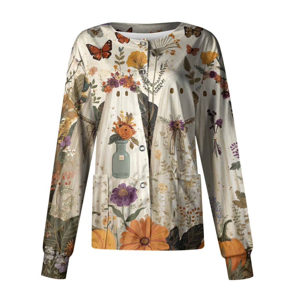 Women's Casual Long Sleeve Single-Breasted Halloween Print Cardigan Top for Fall