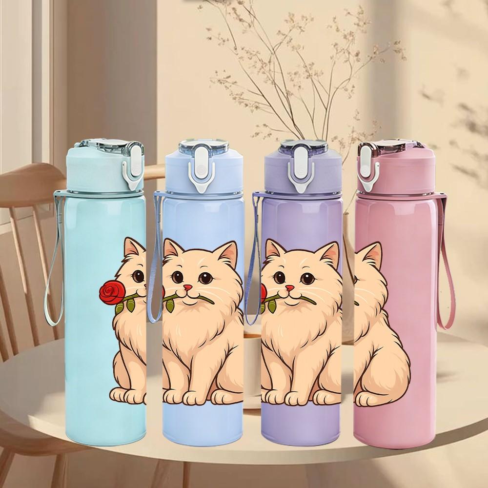 1PC Cat Holding Red Rose Cartoon 750ml Color Plastic Sports Water Bottle Leakproof Flip Straw Lid Suitable for Sports Office Home Use