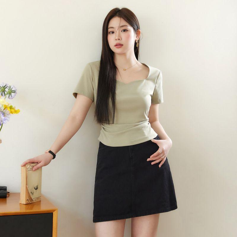 

Lan Yu Slightly Oversized Girls Ruched Belly Covering Easiest for Match Short Sleeve T-shirt Gray Green(Pre-Sale) 1XL([Recommendation 60-70kg])