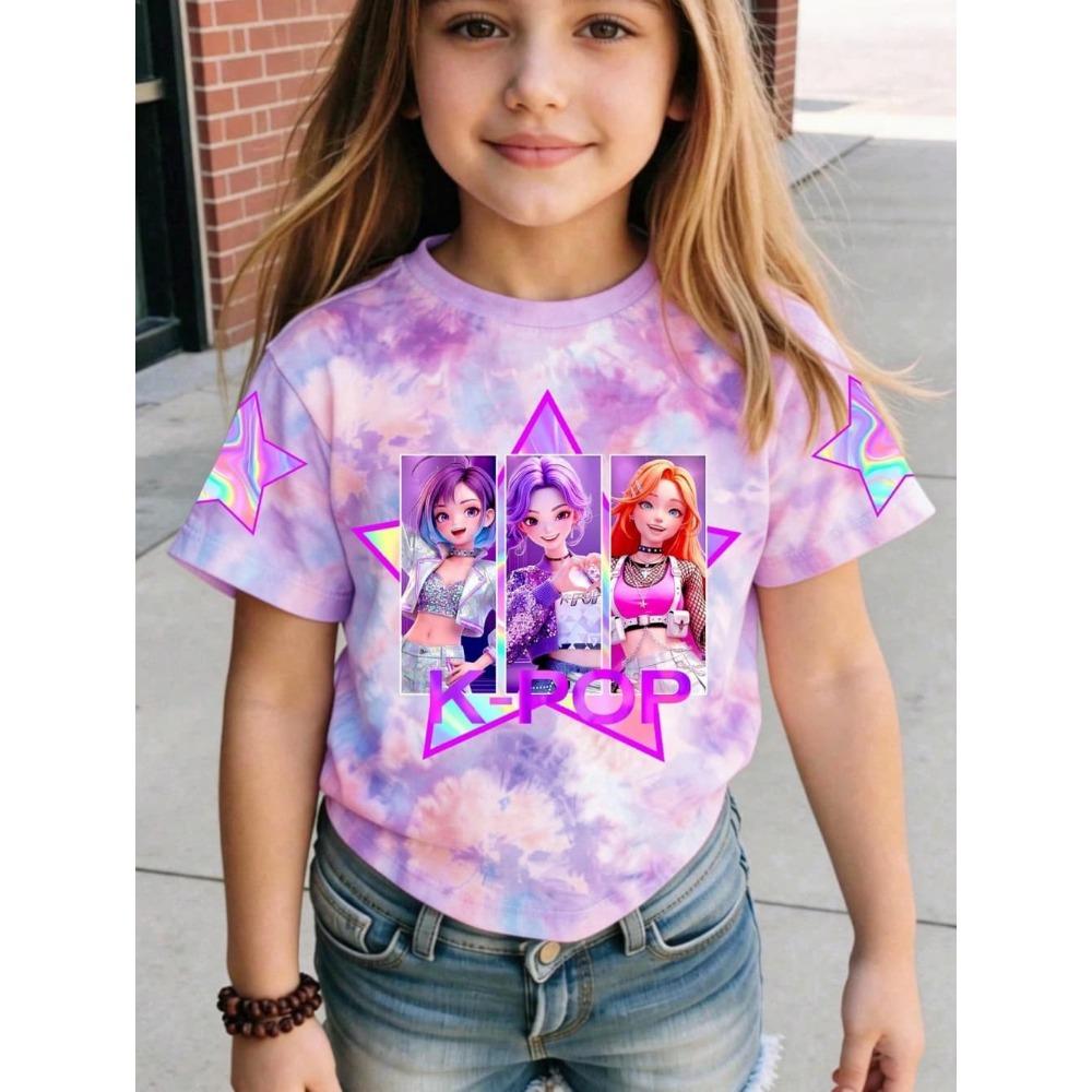 Kpop Cartoon Graphic Girls T-Shirt Casual Round-Neck T-Shirt Suitable for Girls Kids Gift Short Sleeve Tops Children's Clothing