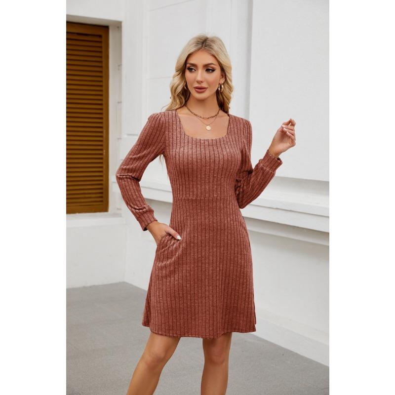 Summer New Product Square Neckline Bag Knitted Sweater Long-sleeved Casual Dress Female YDJR6666