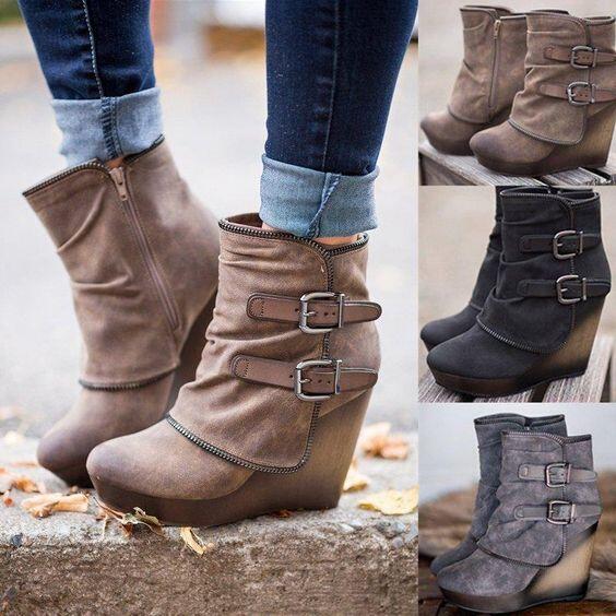 Women's Boots Zip Womens High Heels Suede Fashion Wedge Heels Durable Retro Women Ankle Boots Round Head Bottes Femmes