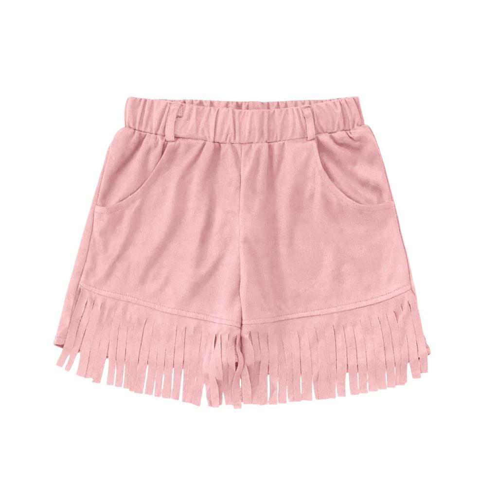 Girls Denim Shorts with Fringe Vest Bohemian Outfit Pink