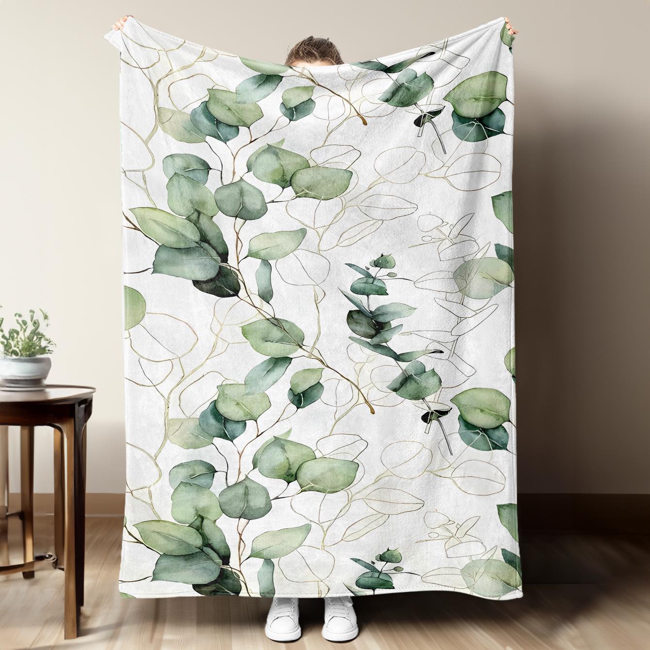 

1pc Eucalyptus leaf patterned blanket made of polyester machine washable suitable for beds sofas and offices 75x100cm