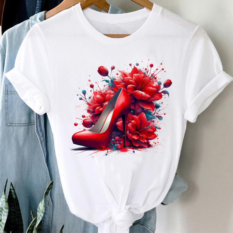 (Asian Size) Love Heart Flower Clothing Lady O-neck Short Sleeve T-shirts Printed Female Top Casual T Shirt Fashion Women Graphic Tee